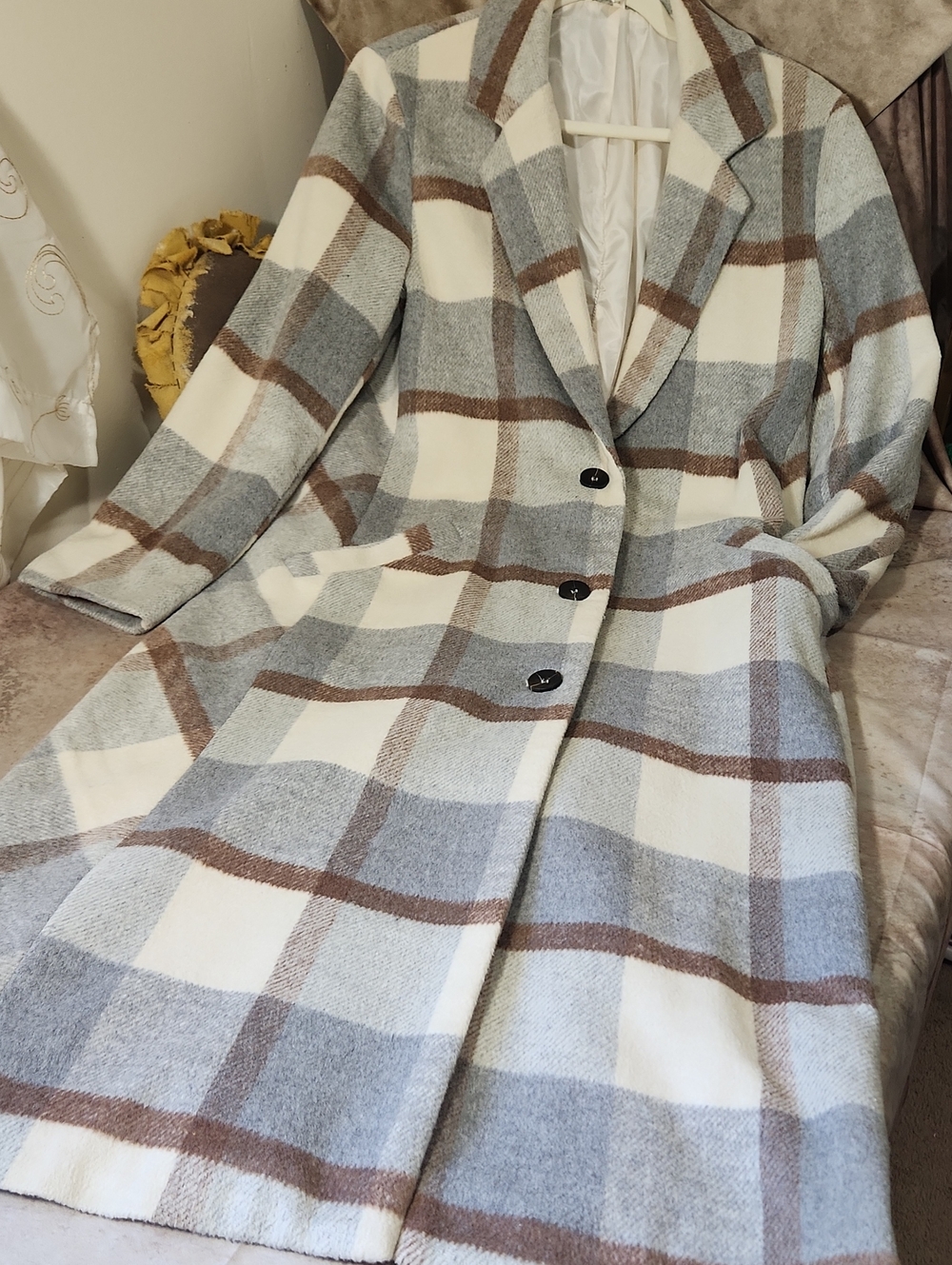 Checked  Long Trench Coat in Cream, Gray & Brown Plaid